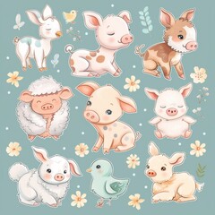 A sticker sheet with farm animal babies
