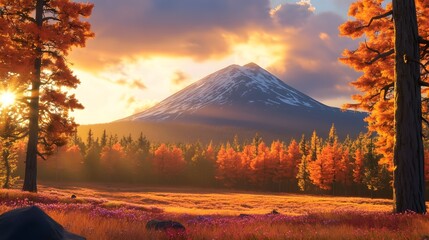 Autumn Equinox: Sunset Over Mount, Golden Light Embraces Foliage