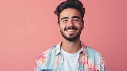Young Man with Beard, Casual Shirt, Smiling, Pink Background, Casual Lifestyle,