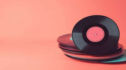 A stack of vinyl records against a pink background, showcasing the retro music medium.