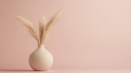 A minimalist vase with pampas grass against a soft pink background.