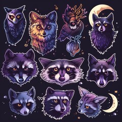 A sticker sheet featuring nocturnal animals like owls, bats, raccoons, and wolves