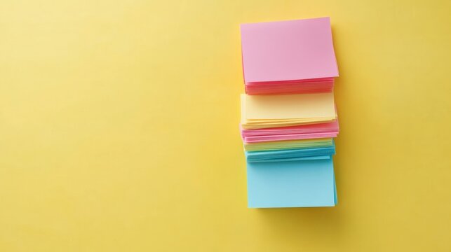 A stack of colorful sticky notes on a yellow background, ideal for reminders and organization.