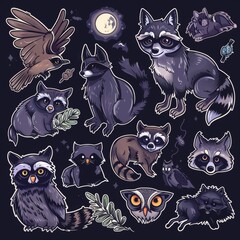 A sticker sheet featuring nocturnal animals like owls, bats, raccoons, and wolves
