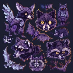 A sticker sheet featuring nocturnal animals like owls, bats, raccoons, and wolves