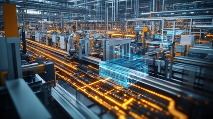 Fototapeta premium Smart factories with AI-enhanced systems for managing energy efficiency: AI optimizing machines and processes to reduce energy consumption in production lines.