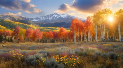 Fototapeta premium Autumn Equinox: Sunset Mount Panorama, Golden Light bathes Colored Foliage