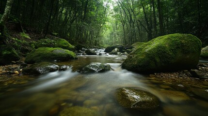 Fototapeta premium A serene forest stream surrounded by lush greenery and moss-covered rocks.