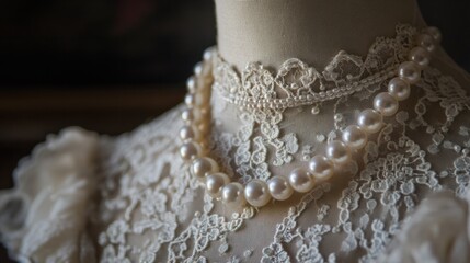 Obraz premium Pearls intricately woven into a lace pattern, resting on a vintage wedding dress displayed on an antique mannequin.