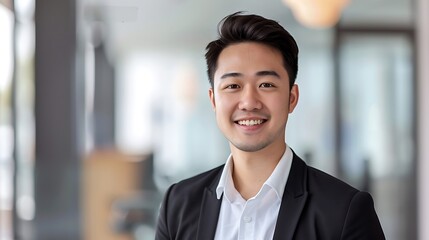 Young Asian Businessman Smiling in Modern Office, Business Theme, Professional, Portrait Shot, Office Setting