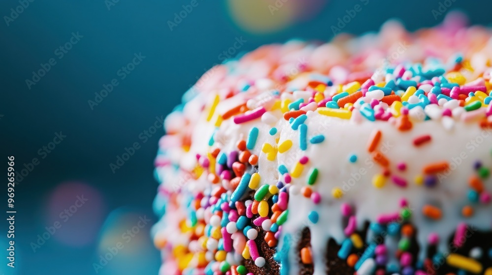 Wall mural A colorful cake adorned with vibrant sprinkles, evoking celebration and joy.