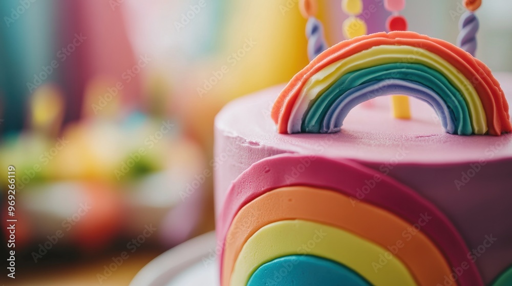 Poster A colorful birthday cake with a rainbow decoration and candles, perfect for celebrations.