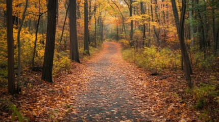 Fototapeta premium A serene forest path covered in autumn leaves, inviting exploration and reflection.