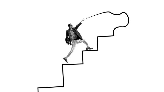 Young motivated man, employee walking upwards the stairs. Career growth and success in professional sphere. Stop motion, animation. Concept of business, entrepreneurship. Line art design.