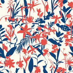 Fototapeta premium Seamless delicate pattern with tropical line silhouette flowers and leaves. Bright tropical rainforest illustration.