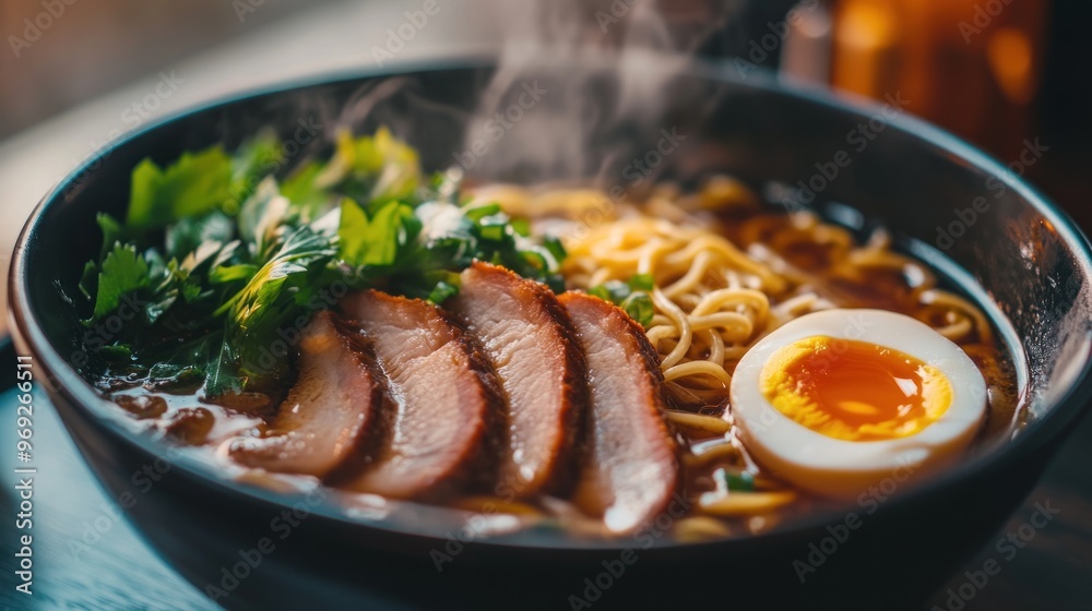 Sticker A steaming bowl of ramen with sliced pork, soft-boiled egg, and fresh herbs.