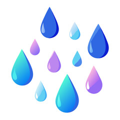 a collection of water droplets in various sizes and colors. The droplets are depicted in shades of blue, purple, and turquoise, with a glossy appearance that gives them a three-dimensional look