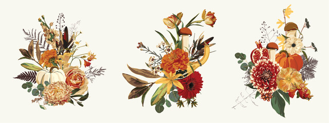 Autumn flowers, herbs and mushrooms seamless pattern. White background.