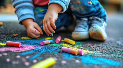 Obraz premium A child drawing with colorful chalk on a pavement, showcasing creativity and playfulness.