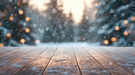 A wooden plank floor dusted with snowflakes, illuminated by soft bokeh lights and framed by distant pine trees.