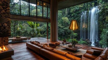Fototapeta premium A luxurious mid-century modern living room with large windows, showcasing the stunning view of a rainforest and waterfall in an organic stone house, 