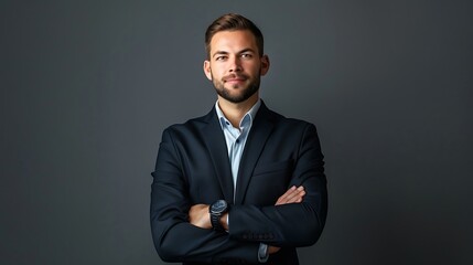Young Businessman Posing with Crossed Arms, Wearing Suit, Grey Background, Business Theme, Professional,
