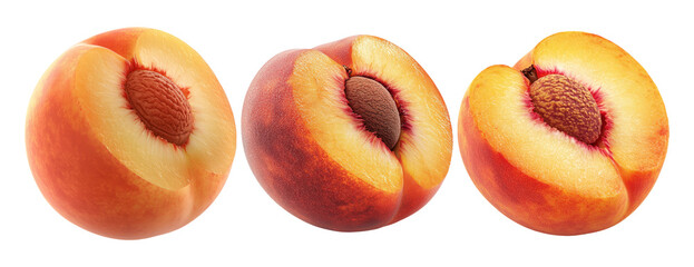 Three fresh halved peaches on transparent background
