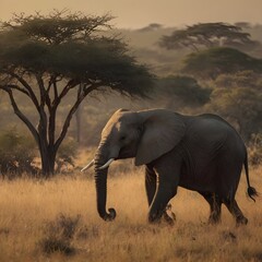 Fototapeta premium Detailed African Bush Elephant Illustration in Natural Savanna Landscape