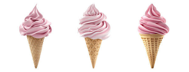 Three pink and white swirled ice cream cones isolated on a transparent background