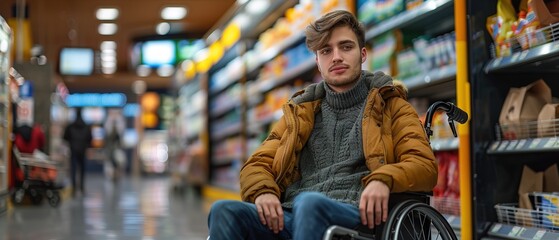 Obraz premium Young man in a wheelchair at the supermarket. Shopping and healthcare concept