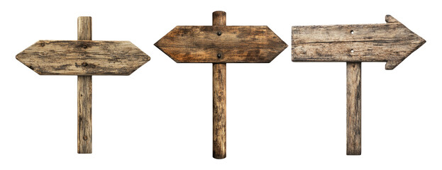 Wooden directional signs in rustic style with empty spaces for text on transparent background