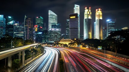 Obraz premium Nighttime cityscape with skyscrapers and light trails from traffic.