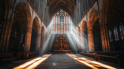 Obraz premium A serene interior of a cathedral with stained glass and sunlight streaming through.