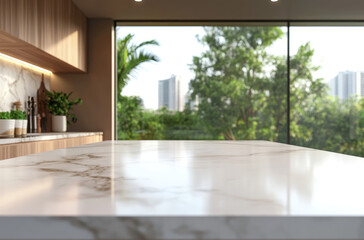 A Minimalist Kitchen with an Empty Marble Counter for a Clean and Modern Look