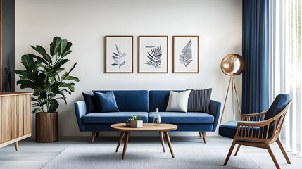 Modern interior with blue sofa, curtains. Armchair and table. Posters on white wall. Wooden accessories. Home decor. 