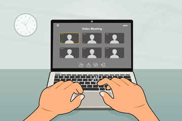 Man using a laptop for online meeting. Learning or meeting online with video conference. Vector illustration.
