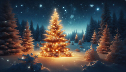 A beautifully lit Christmas tree adorned with snow sits in a serene winter landscape under a starry night sky. The tree is brightly illuminated from within radiating a warm glow