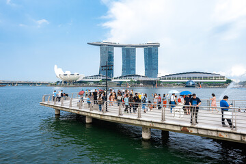 View of Marina Bay Sands in Singapore. City landscape at day blue sky. Travel concept