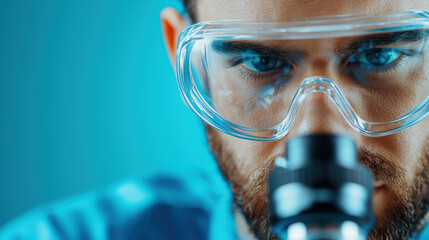 Technician wearing safety goggles analyzing product samples under a microscope, product inspection, precision in quality control