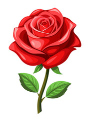Fototapeta premium A beautifully detailed red rose with lush petals and green leaves, set against a plain white background