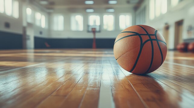 Basketball ball on a gym court, focusing on the classic wooden floor texture, great for sports-related design concepts.