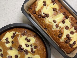 Freshly baked banana bread with chocolate chip toppings