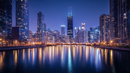 Fototapeta premium City skyline at twilight reflecting on water, showcasing urban architecture and lights.