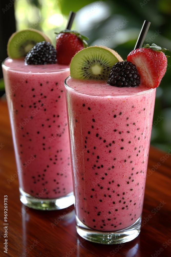 Wall mural Healthy fresh red smoothie, drink. Vitamins, fitness drink, health food. Natural. Organic. Raspberry. Strawberry. Cherry. Apple.