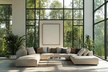 Fototapeta premium Modern living room with large windows and a cozy sectional sofa.