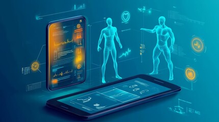 Smart healthcare apps using AI for personalized fitness plans: A person using an app that generates custom workouts and diet plans based on their biometrics.