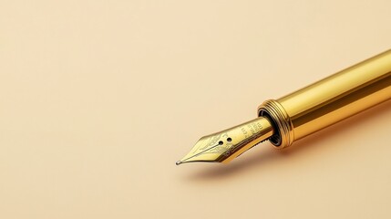 A close-up of a gold fountain pen nib on a soft, neutral background.