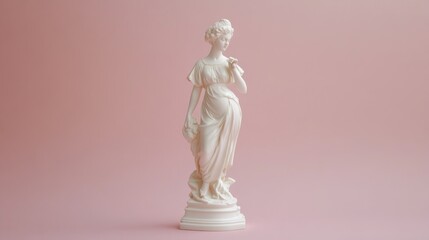 A delicate porcelain statue of a woman in a flowing dress against a pink background.