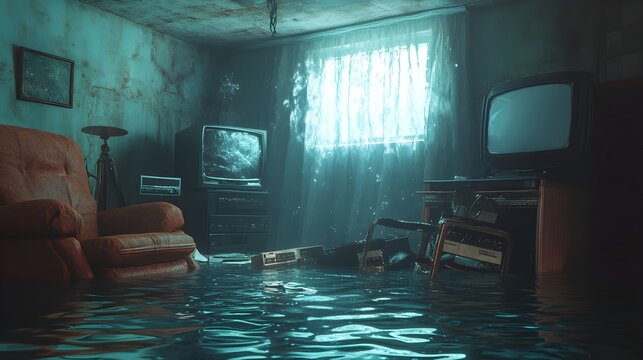 A flooded room with water-damaged electronics floating, symbolizing the aftermath of a disaster and the urgency of filing insurance claims