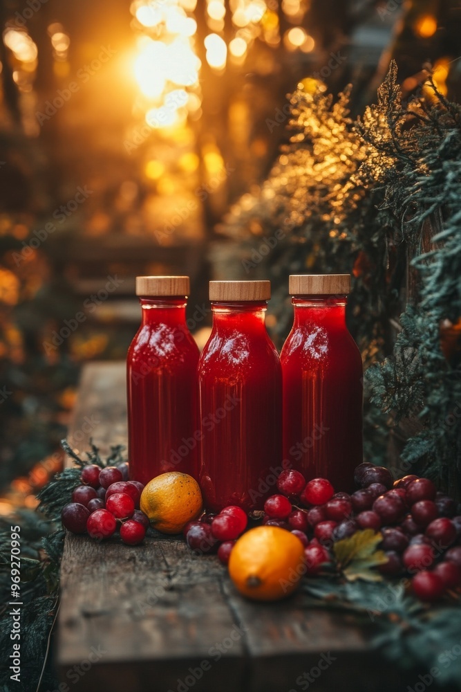 Wall mural Healthy fresh red fruit juice, drink. Vitamins, fitness drink, health food. Natural. Organic. Raspberry. Strawberry. Cherry. Apple.